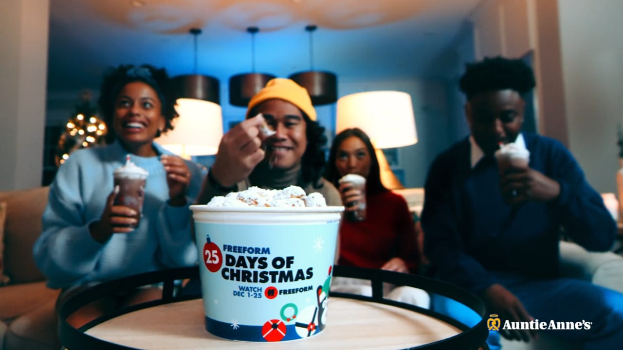 Auntie Anne’s & Freeform | 25 Days of Pretzels commercial or campaign video frame showing brand, product, or promotional storytelling.