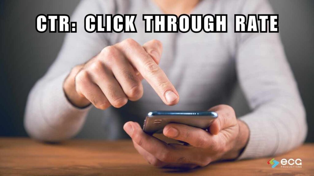 Click through rate Graphic for ECG Productions Website: a hand about to click on phone screen