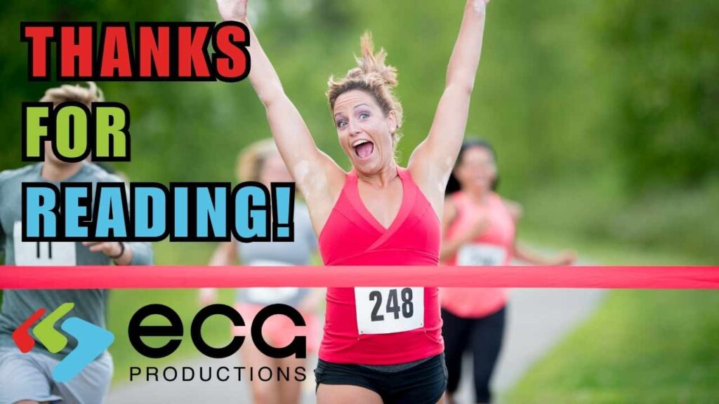 Thanks for reading Graphic for ECG Productions Website: A woman crosses a road race finish line