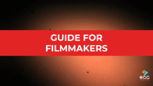 Guide for Filmmakers Featured Image. White text on a red bar with film burn in background